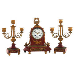 Salmon Colour Marble Clock Garniture by Japy Freres, circa 1900