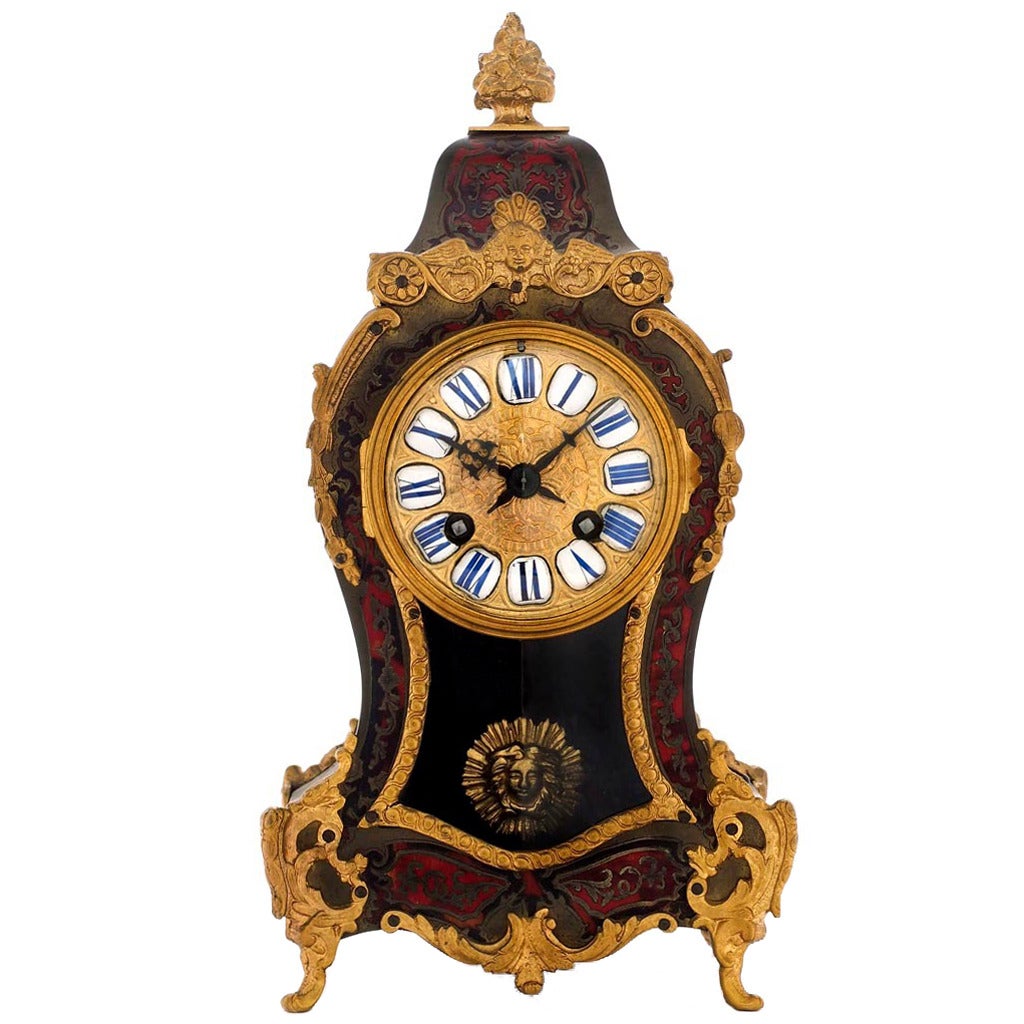 French, Red Boulle Mantel Clock with Visible Pendulum, circa 1875 at