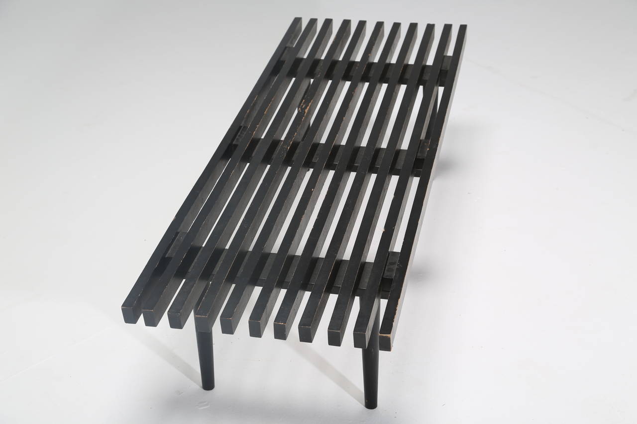 Scandinavian Modern Black Slatted Wood Bench