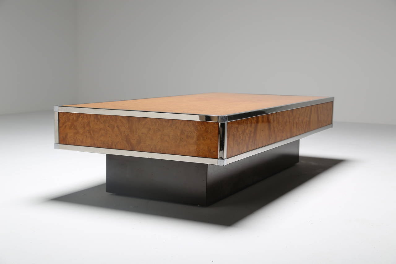 French Walnut and Chrome Coffee Table For Sale 1