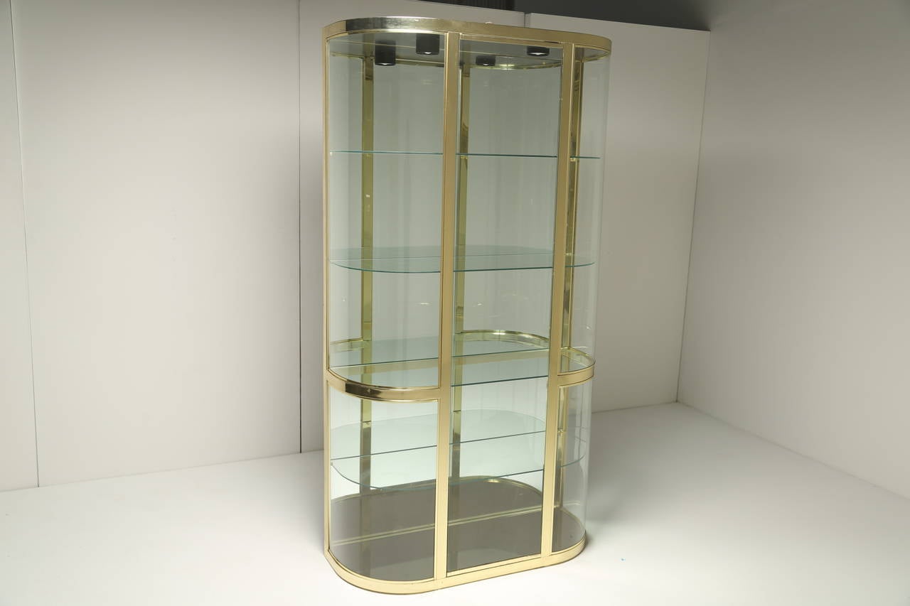 Hollywood Regency Curved Glass and Brass DIA Vitrine Display Cabinet