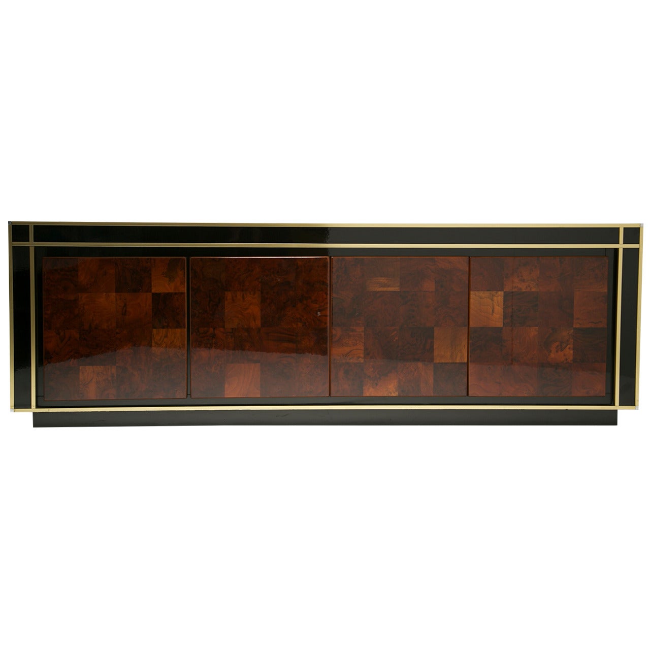 French Patchwork and Black Lacquer Sideboard with Brass Trim
