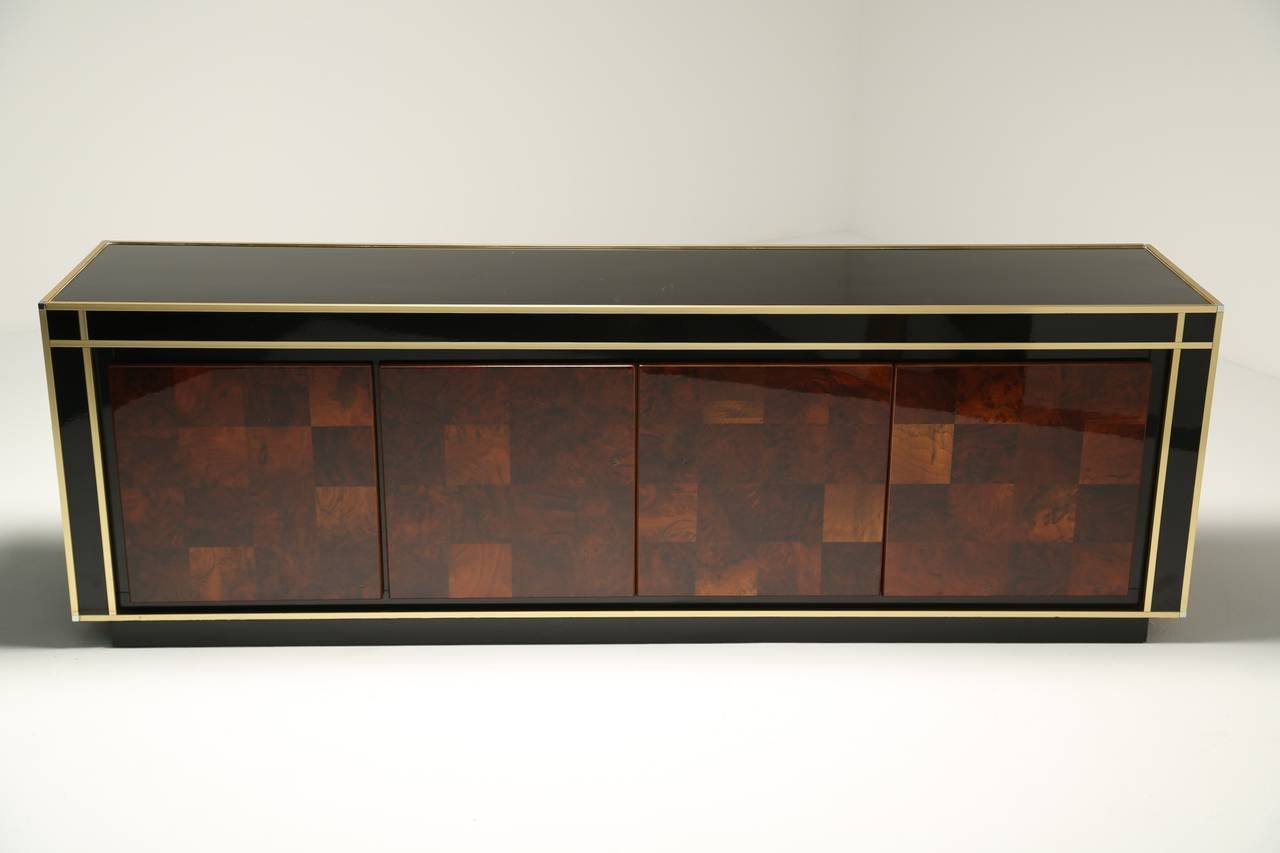 French Patchwork and Black Lacquer Sideboard with Brass Trim In Good Condition In Oberstown, Lusk, IE