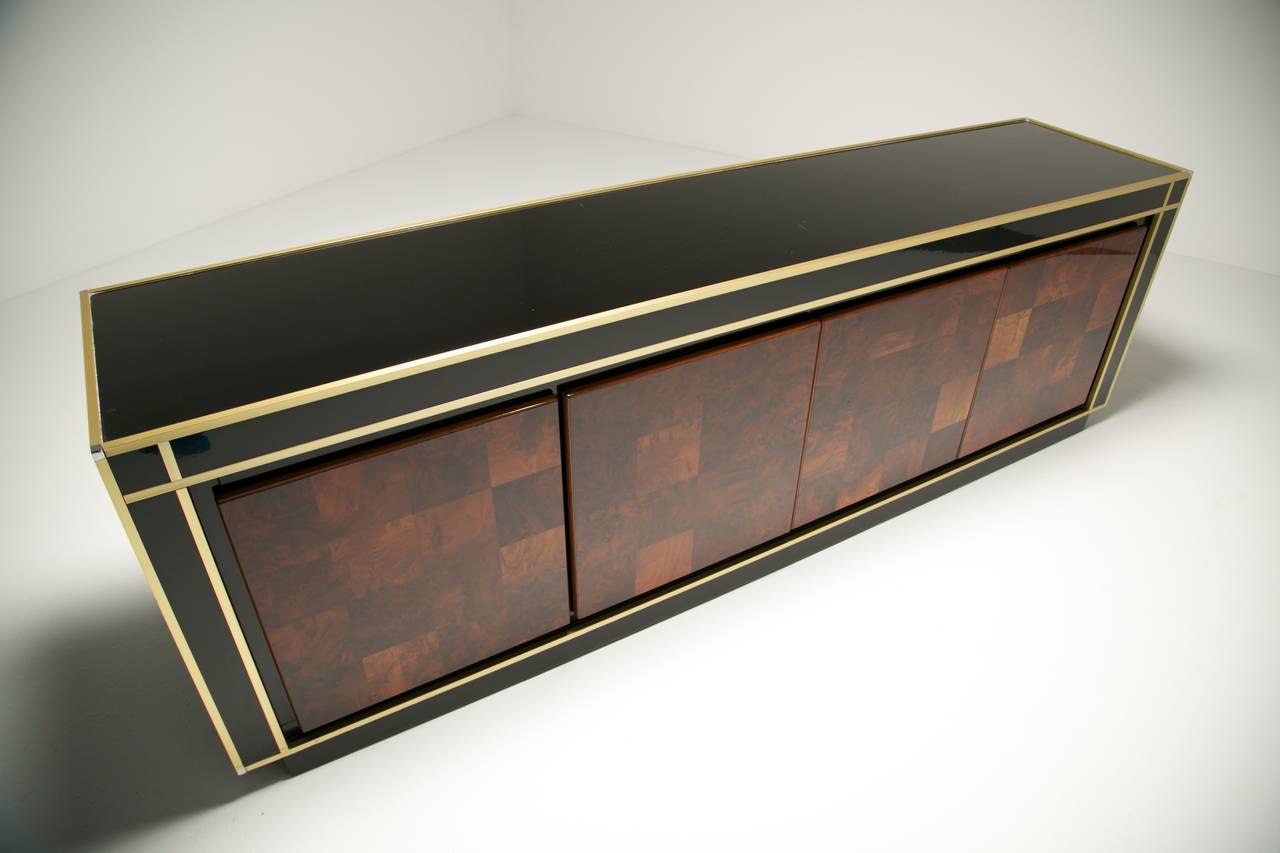 Mid-20th Century French Patchwork and Black Lacquer Sideboard with Brass Trim