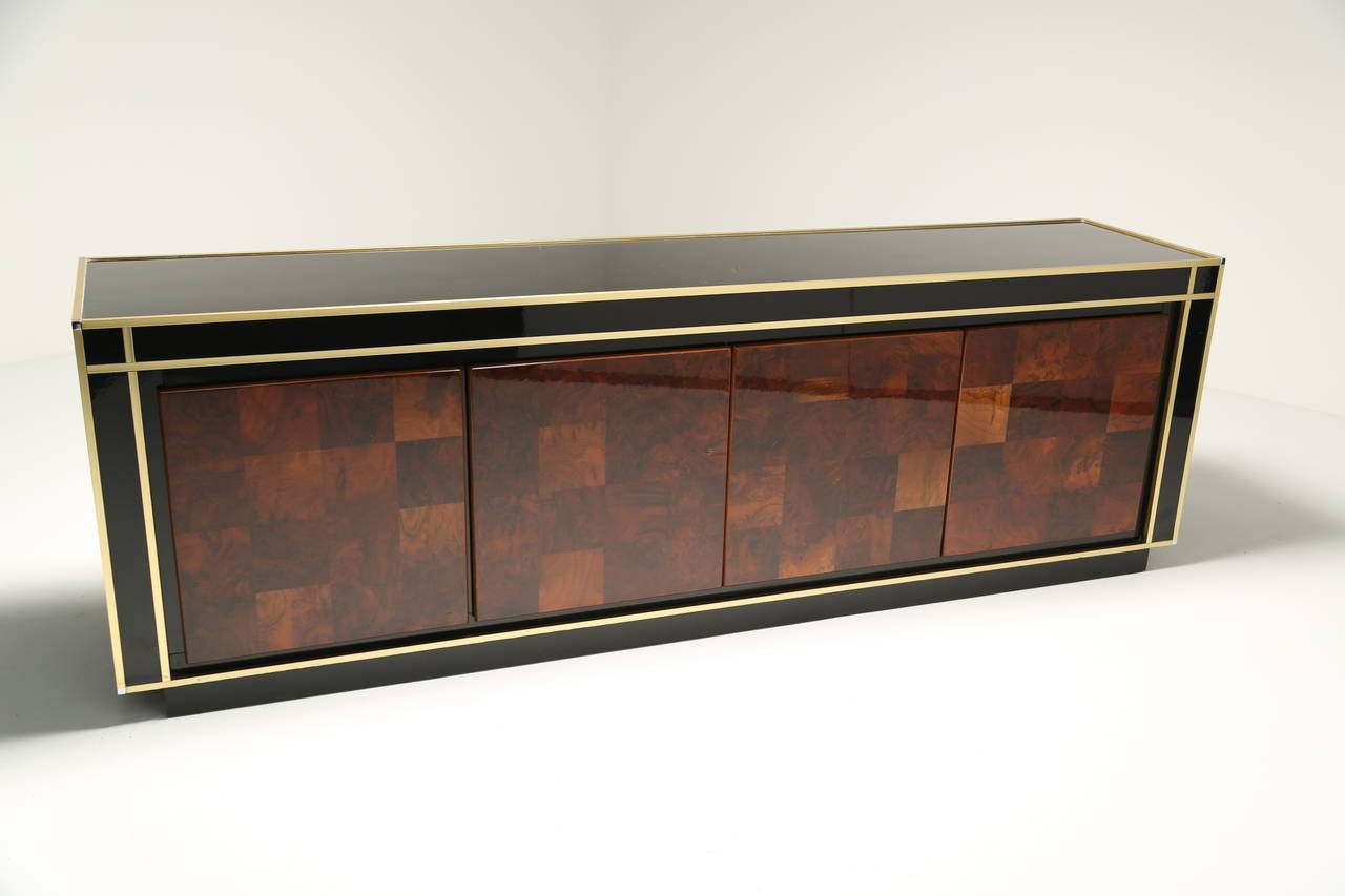 Mid-Century Modern French Patchwork and Black Lacquer Sideboard with Brass Trim