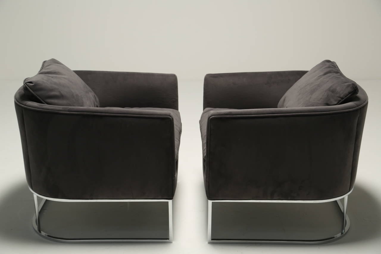 Chrome Grey Milo Baughman Style Tub Chairs