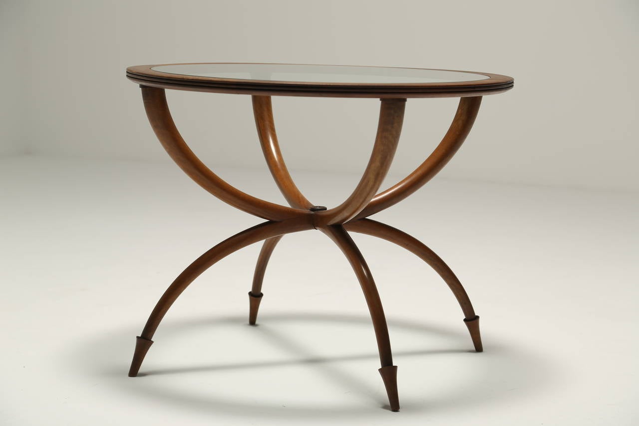 European Fruitwood Spider Table with Glass Top