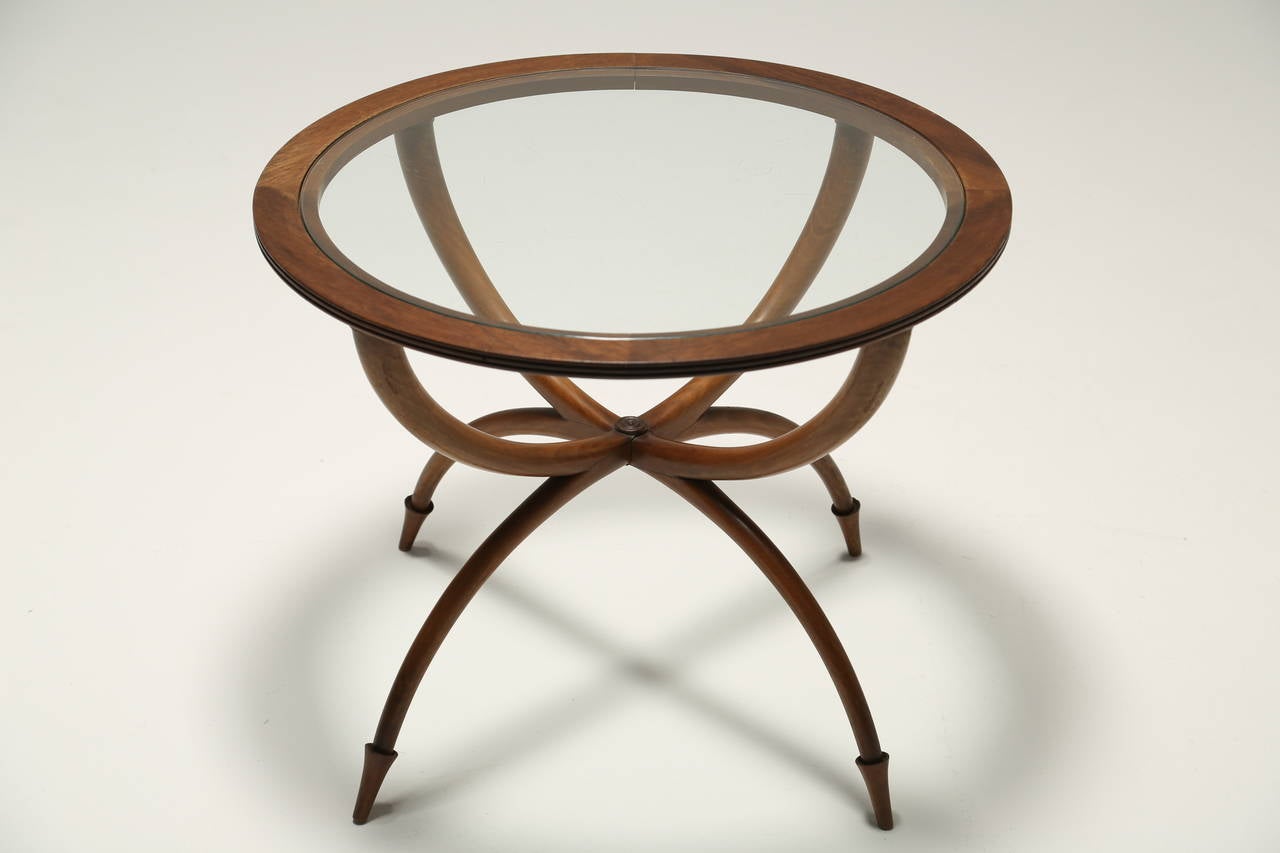 Mid-Century Modern Fruitwood Spider Table with Glass Top