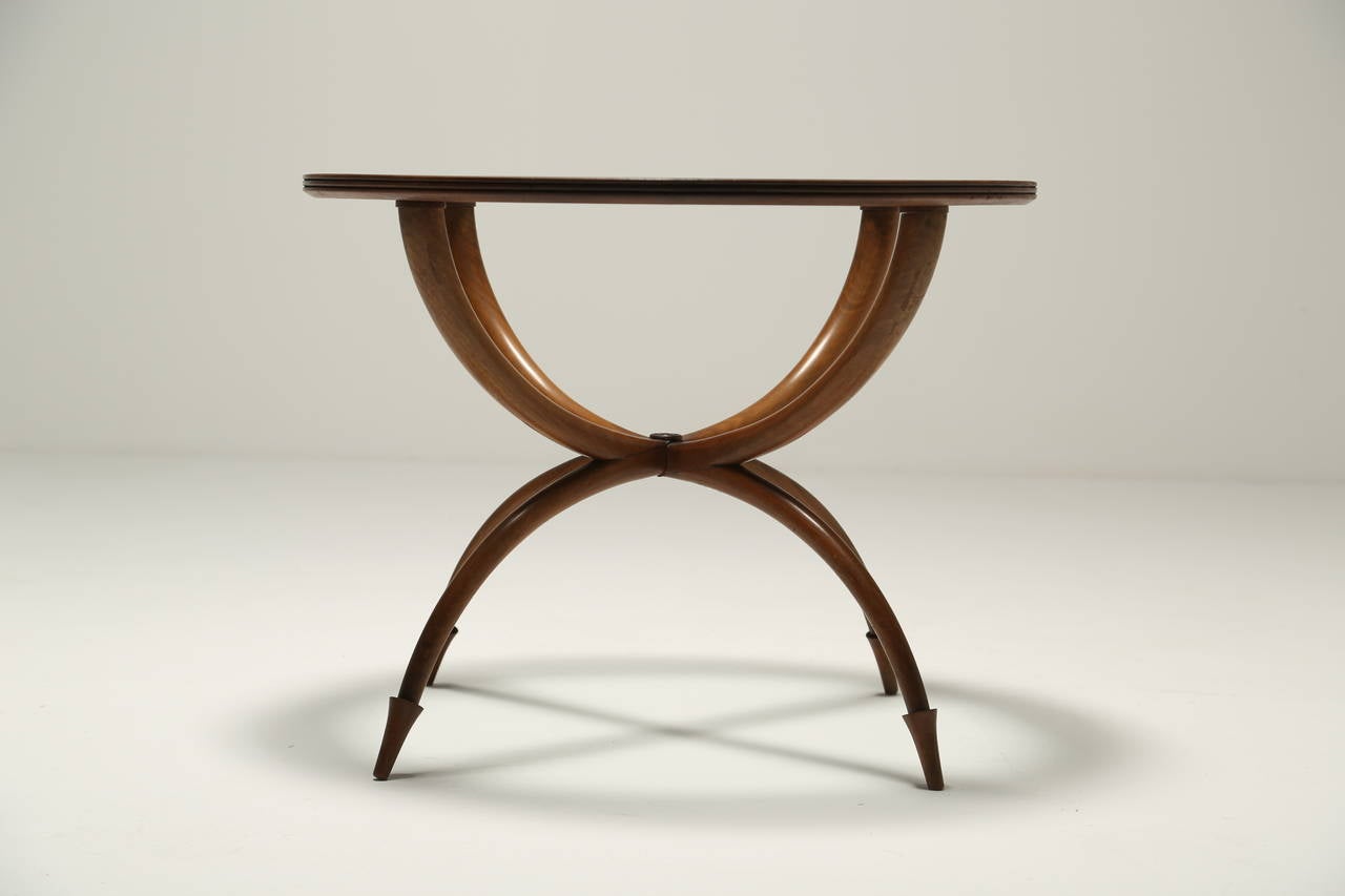Mid-20th Century Fruitwood Spider Table with Glass Top