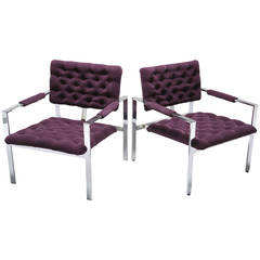 A Pair Of Milo Baughman Chrome Armchairs with Aubergine velvet Fabric