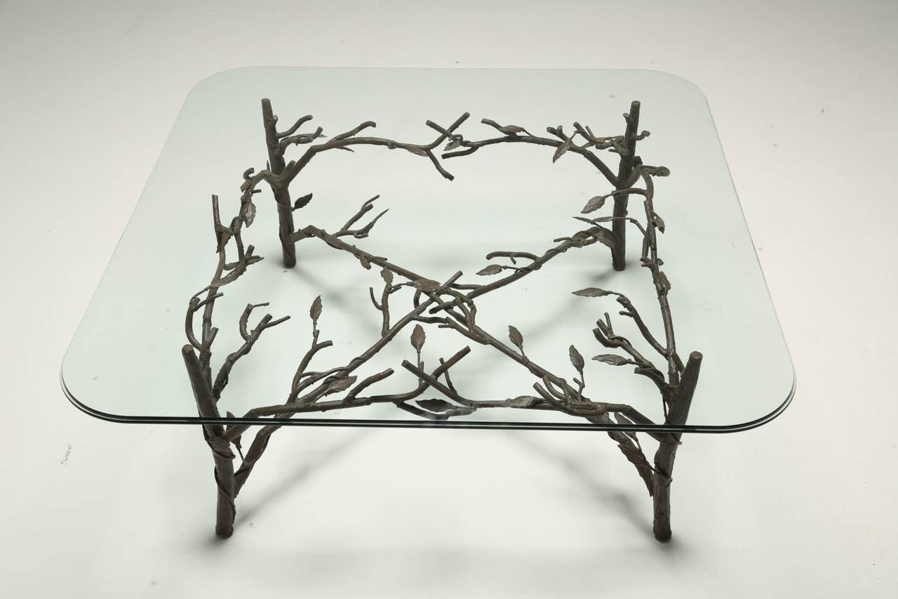 Mid-Century Modern Glass Coffee Table with Metal Branch and Leaf Base