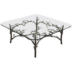 Glass Coffee Table with Metal Branch and Leaf Base