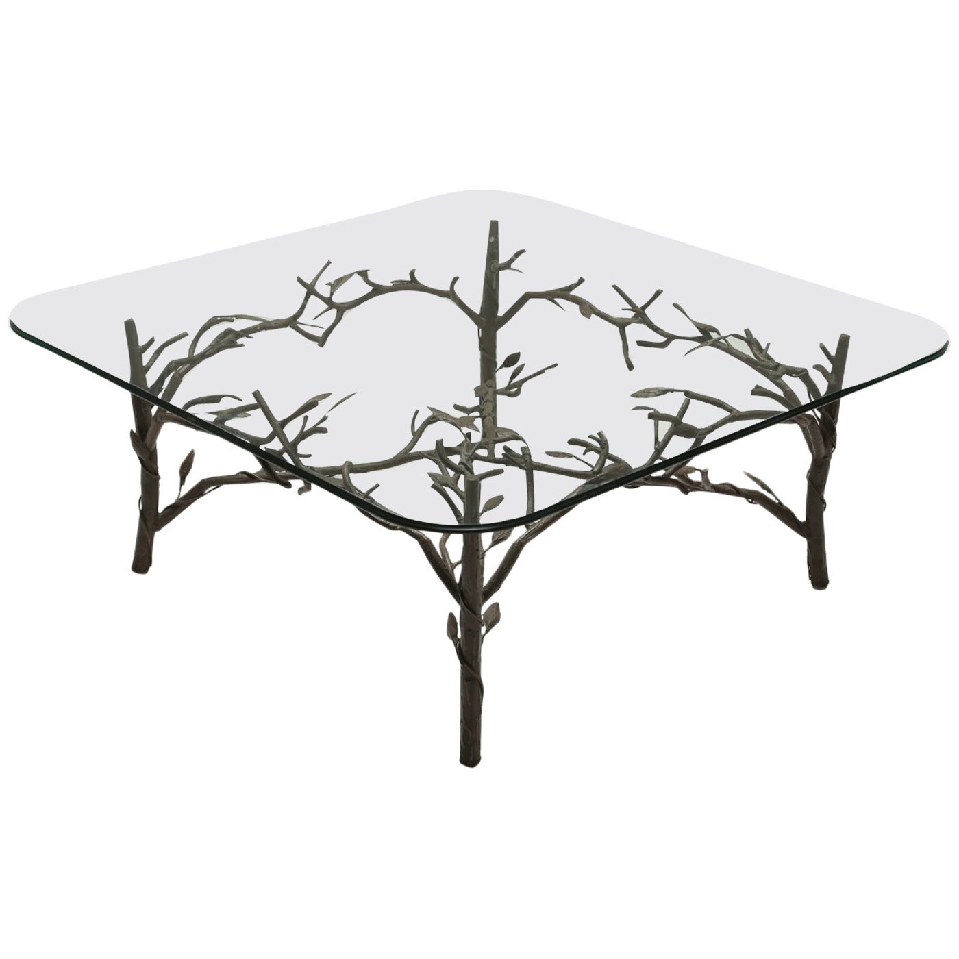 Glass Coffee Table with Metal Branch and Leaf Base