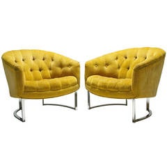 Yellow and Chrome Baughman Style Tufted Lounge Chairs