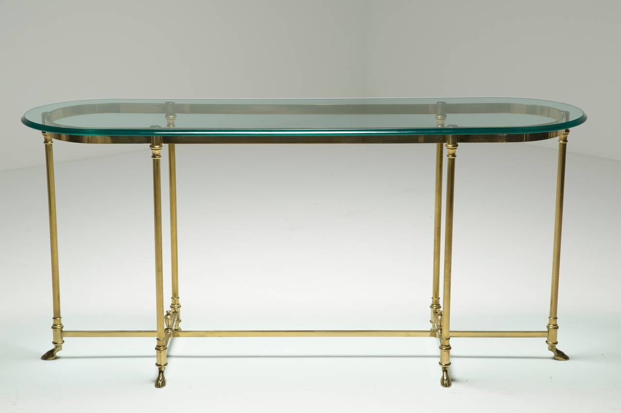 A Brass Labarge Hollywood Regency Console Table with Hoof Feet In Excellent Condition In Oberstown, Lusk, IE