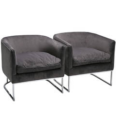 Vintage Pair of Grey Velvet Chrome Milo Baughman Style Tub Chairs