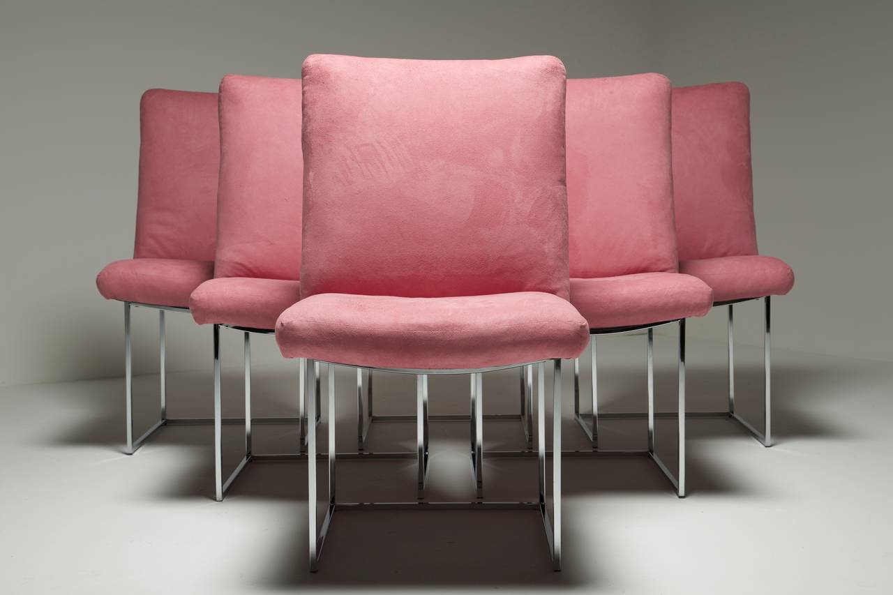 Fabric Mid-century Chrome Dining Chairs by Milo Baughman For Sale