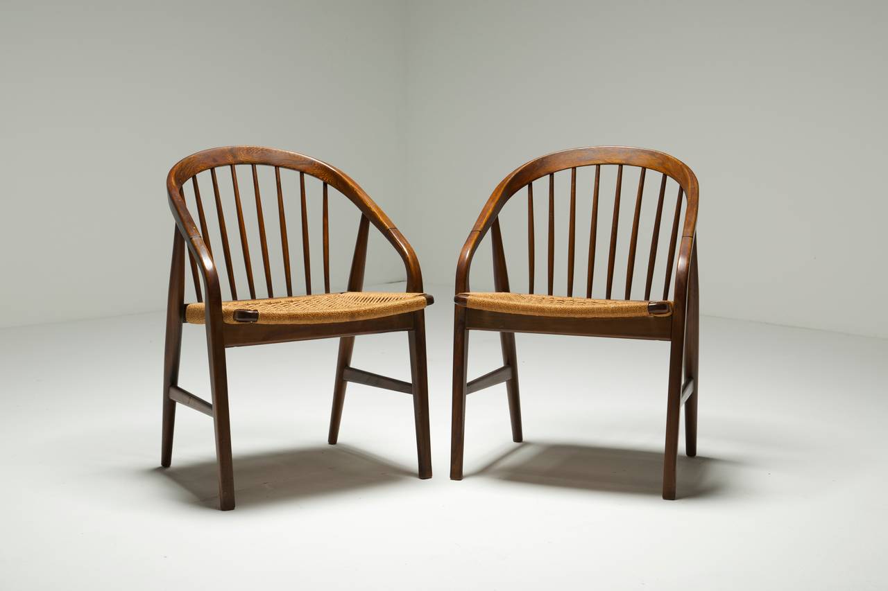 Stunning Pair of MidCentury Chairs with Woven String Seats at 1stDibs