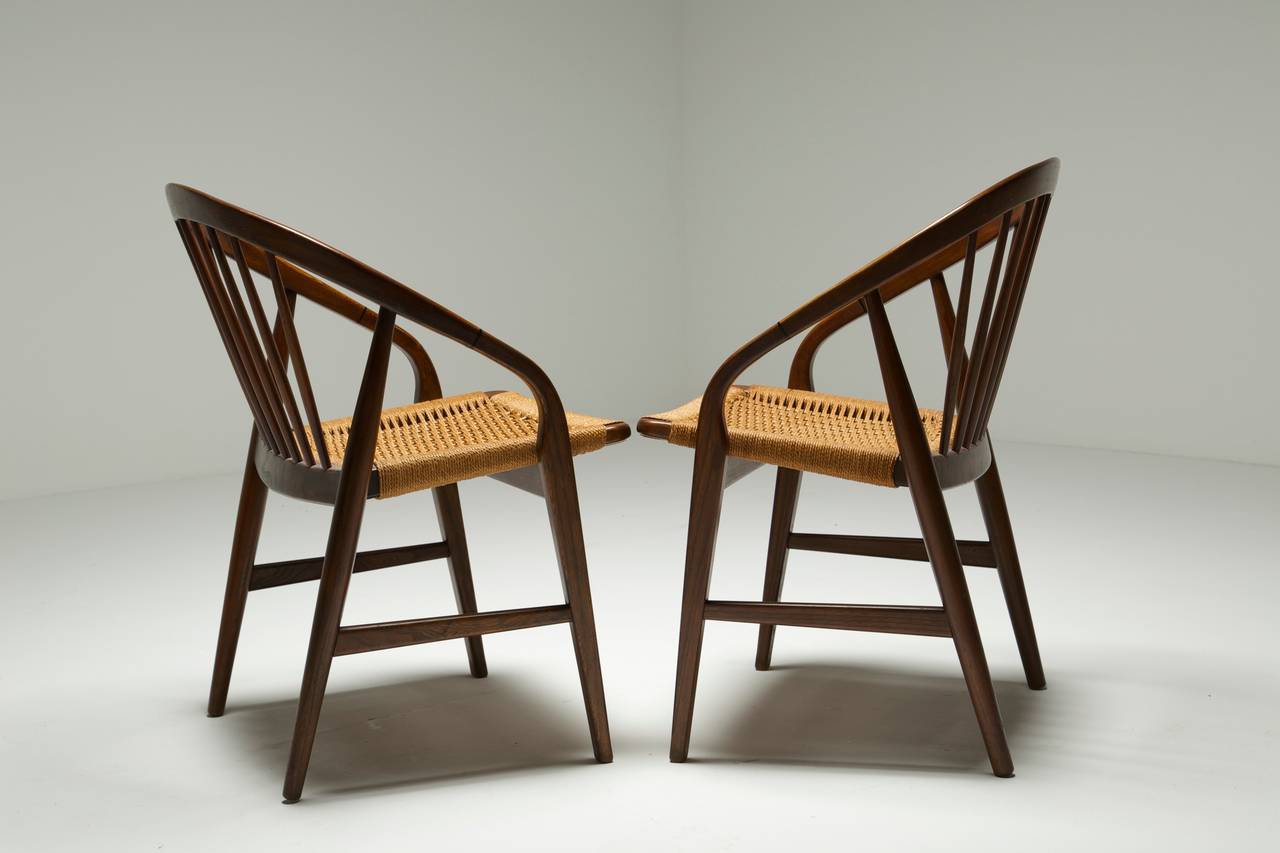 Stunning Pair of MidCentury Chairs with Woven String Seats at 1stDibs
