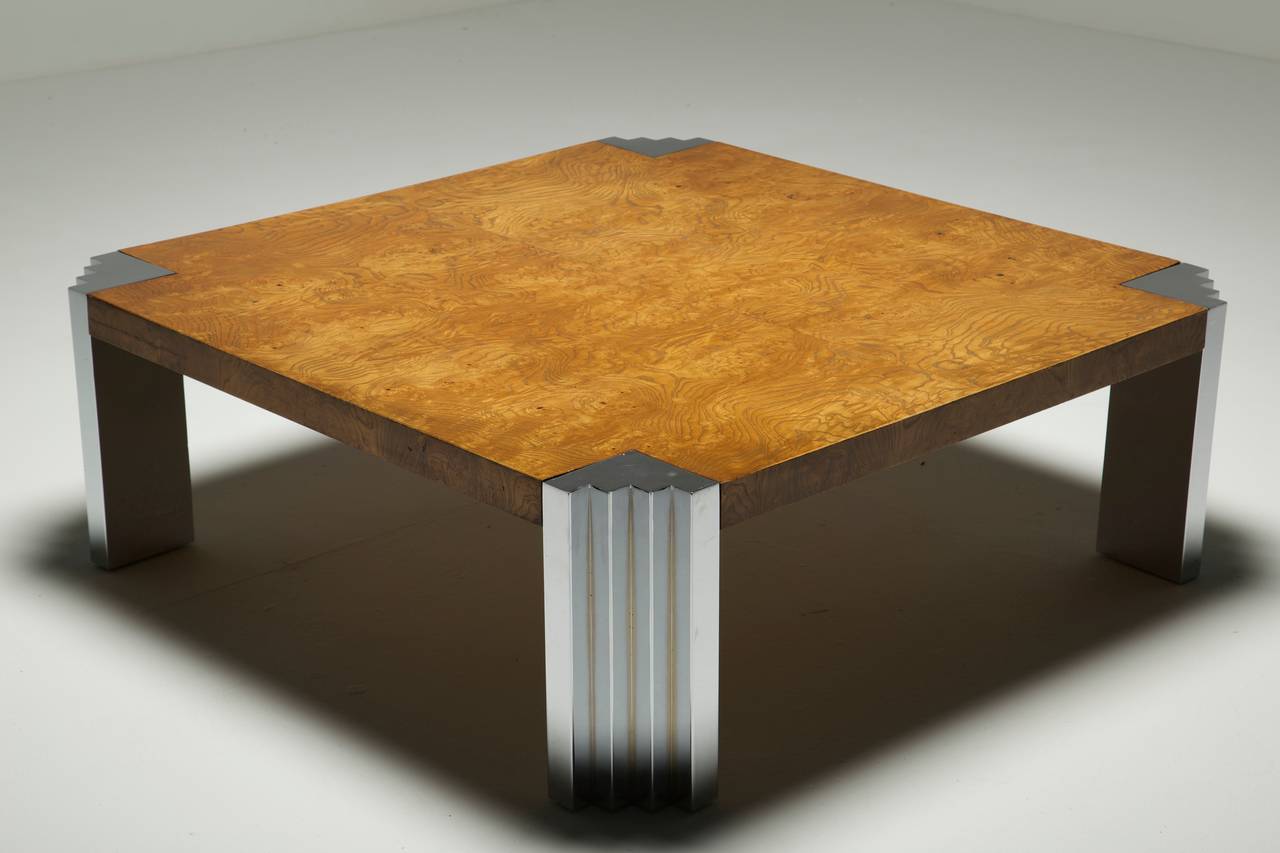 A burr walnut and chrome large square coffee table attributed to Pace Collection with chrome skyscraper legs. Very good condition, sturdy, large size coffee table.