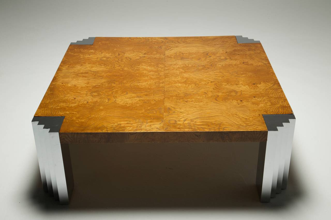 American Burr Walnut and chrome Pace Collection style skyscraper coffee table. For Sale