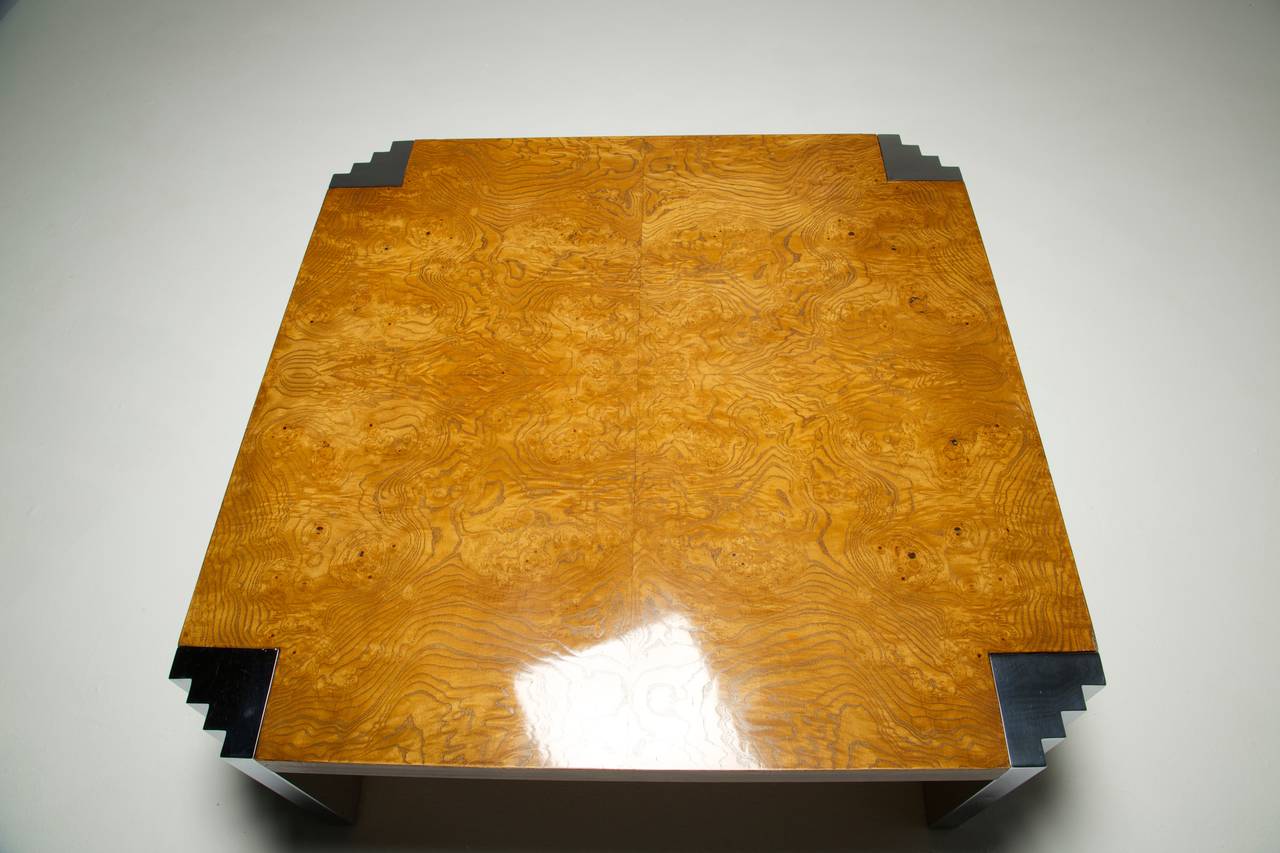Burr Walnut and chrome Pace Collection style skyscraper coffee table. In Good Condition For Sale In Oberstown, Lusk, IE