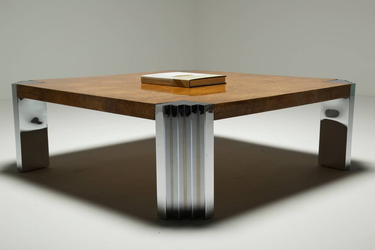 Burr Walnut and chrome Pace Collection style skyscraper coffee table. For Sale 3