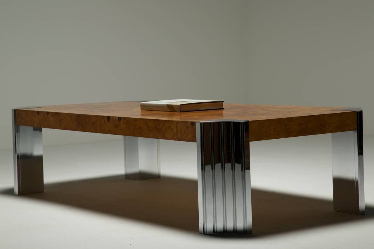 Burlwood and chrome Pace Collection style coffee table with skyscraper legs 1