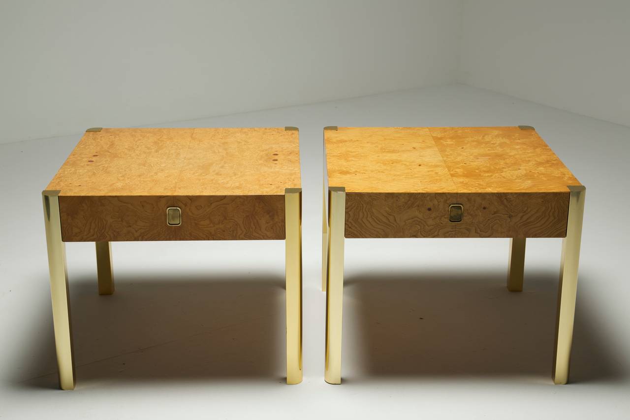 A Pair of Century Furniture burlwood and brass single drawer end tables. A very generous sized pair of lamp tables or bedside tables. Both tables are in great vintage condition and really beautifully designed.