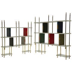 A Pair of Lucite and Brass Bookcases