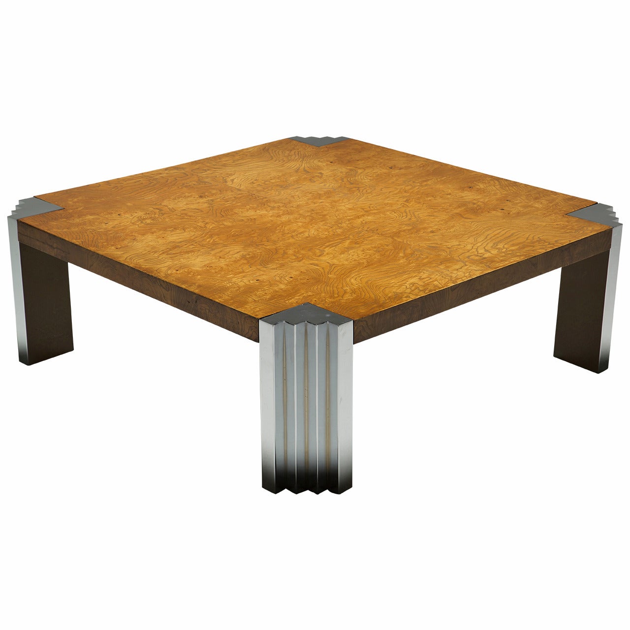 Burr Walnut and chrome Pace Collection style skyscraper coffee table. For Sale