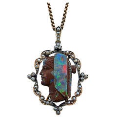 Extraordinary Antique Egyptian Revival Carved Boulder Opal Pendant