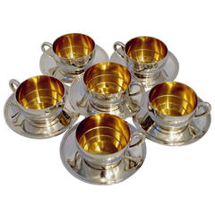 Antique Ravinet Massive French Sterling Silver Vermeil Six Coffee/Tea Cups w/Saucers