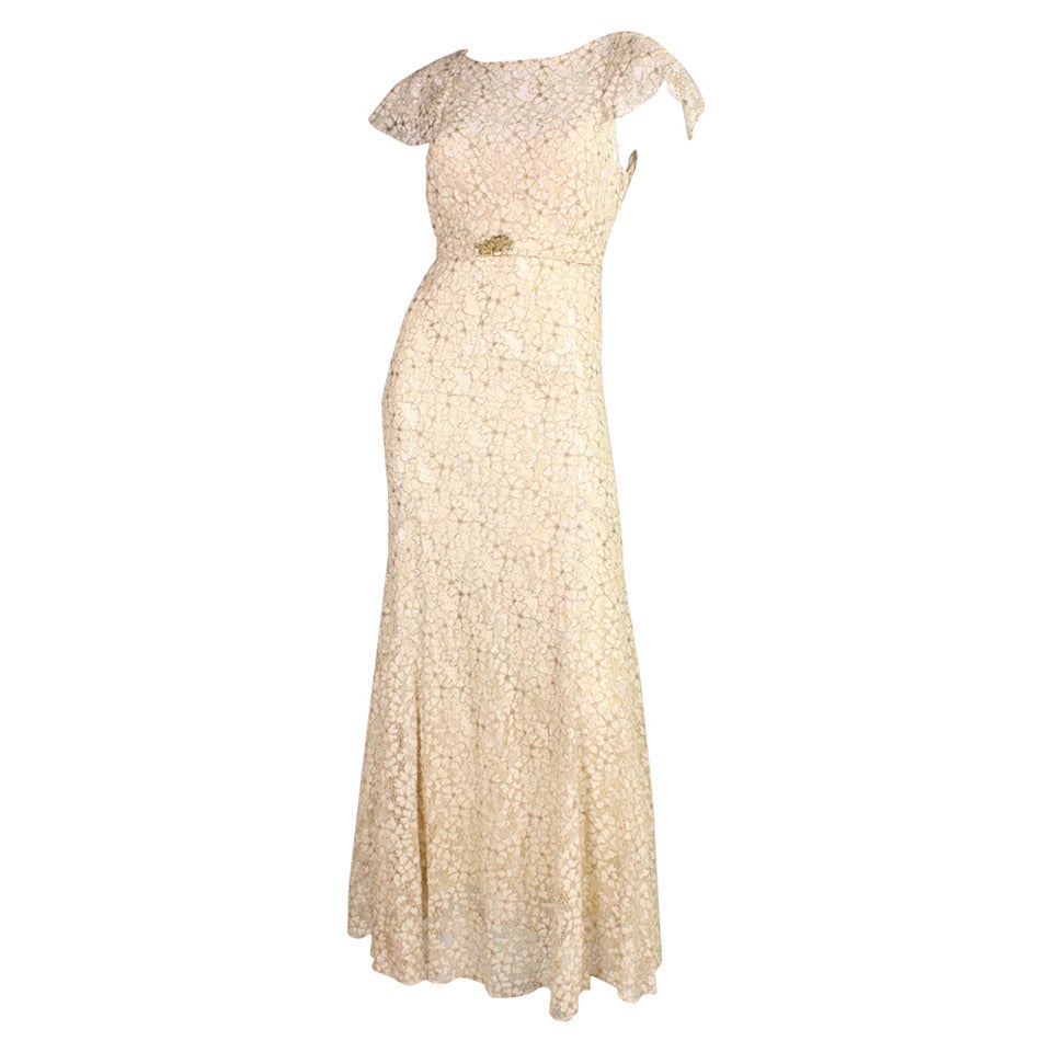 Lamé Lace Ivory Bias-Cut Gown, 1930s  For Sale