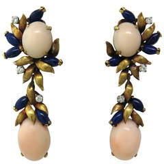 Coral Lapis Diamond Gold Drop Earrings