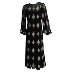 1970s Black 
Gold Diamond Print Maxi Gown