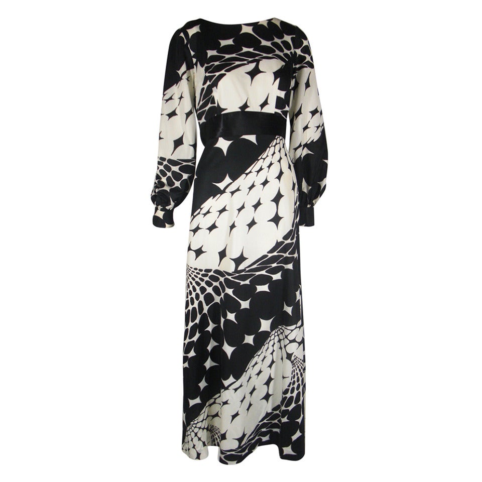 1970s Estevez Black and White Abstract Jersey Maxi Dress