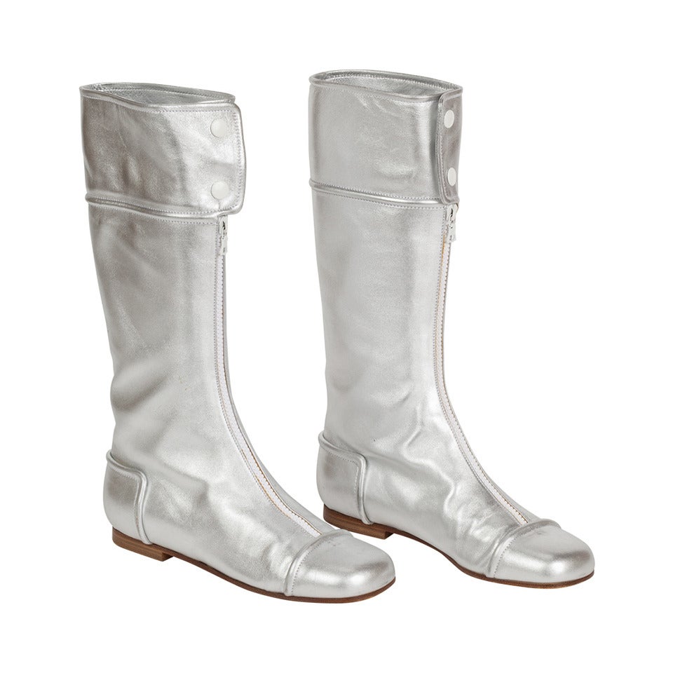 1990s Iconic Courreges Silver Leather Go-Go Boots Size 39