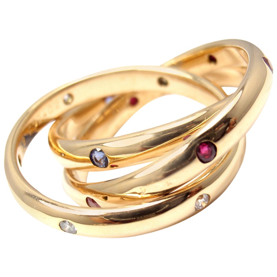 Cartier Ruby Sapphire Diamond Yellow Gold Trinity Band Ring