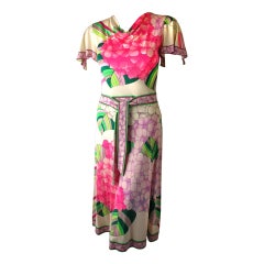 Vintage 1970's Leonard Silk Jersey Form Fitting Floral Day Dress with Flutter Sleeves