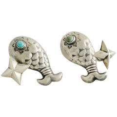 Hubert Harmon Taxco Sterling Silver Whimsical Fish Motif Cufflinks