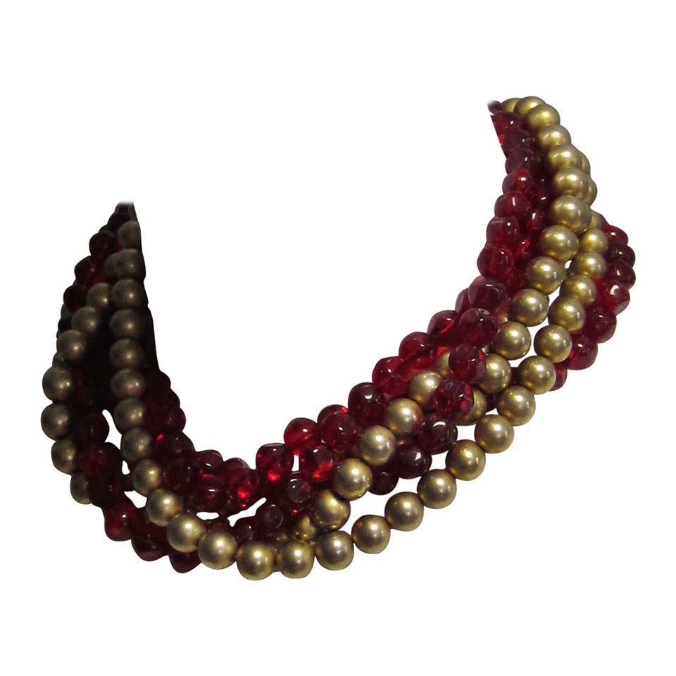 1980s Gripoix Multi Strand Red and Gold Bead Necklace For Sale