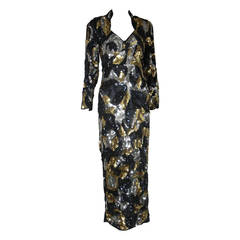 1980s Sweelo Black Silver and Gold Sequin Gown