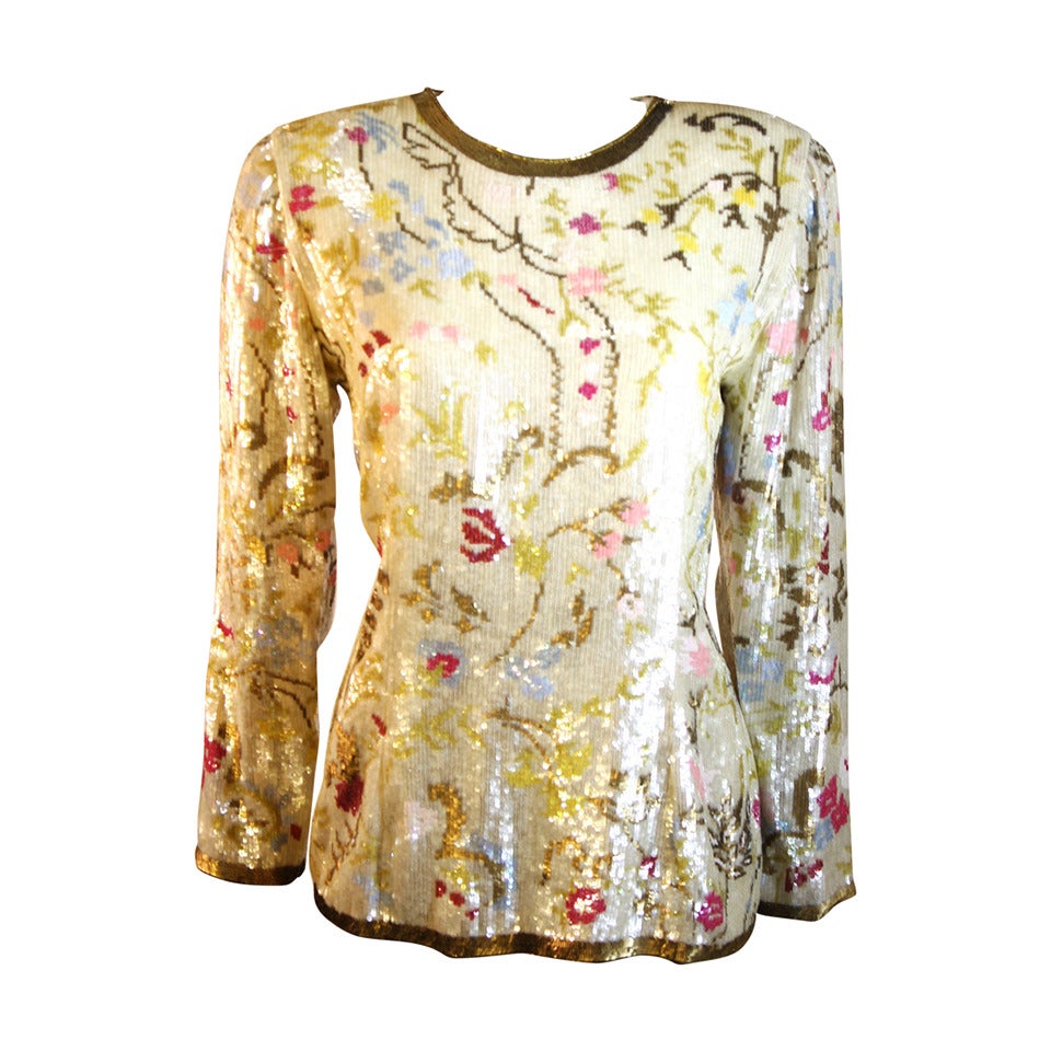 Oscar de la Renta Cream Silk & Iridescent Gold Pink Floral Sequin Blouse 1990s