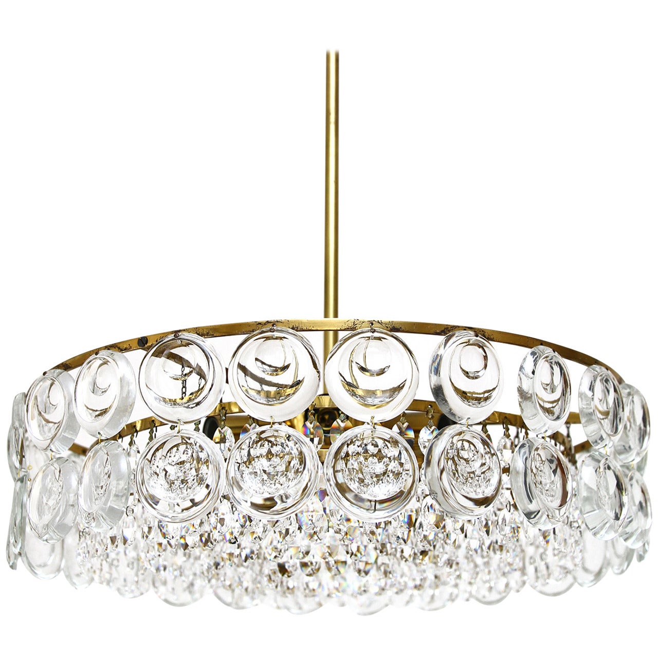 Brass and Lens Glass Sciolari Style Chandelier or Flush Mount, Italy, 1960s