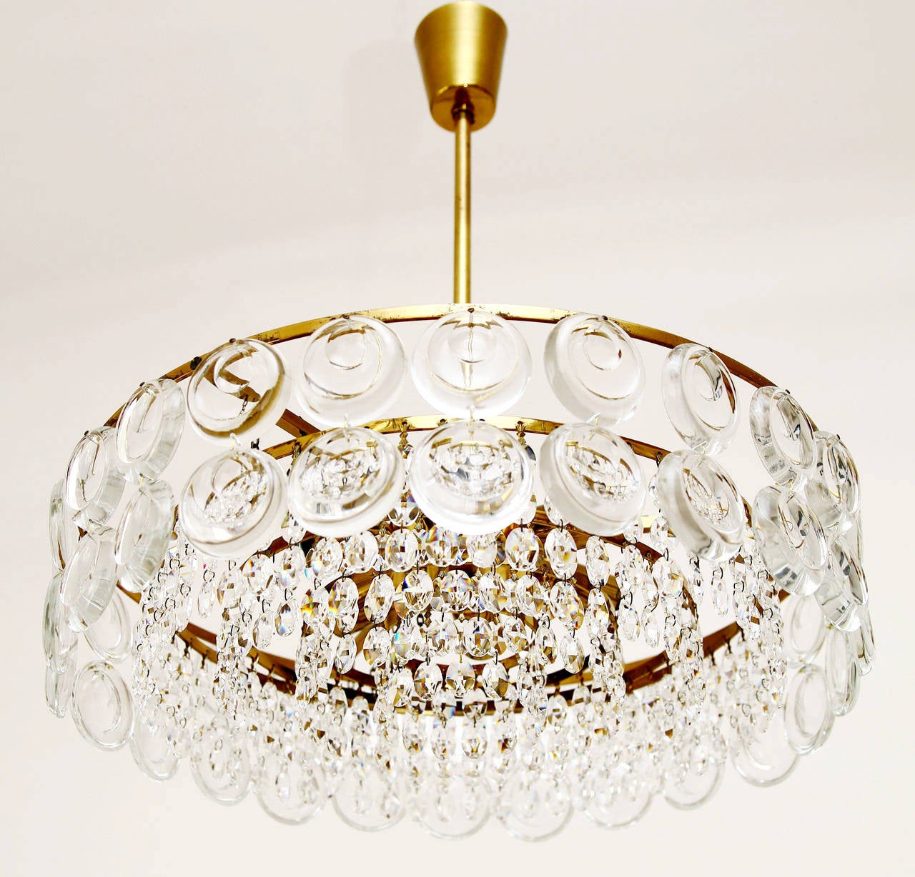 Mid-Century Modern Brass and Lens Glass Sciolari Style Chandelier or Flush Mount, Italy, 1960s