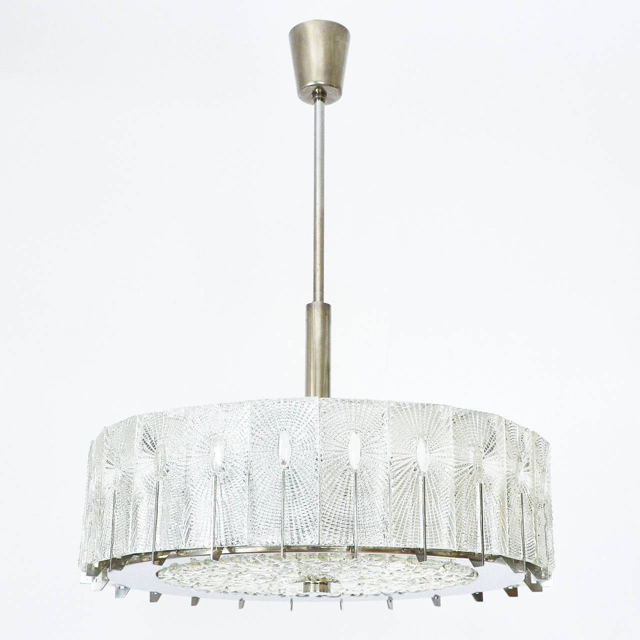 Rare and exceptional textured glass and chrome (nickel) light fixture by J.T. Kalmar from the 60s. It can be used with a stem as chandelier or with flat fixture as flush mount. We can provide this customizing for your needs without any additional