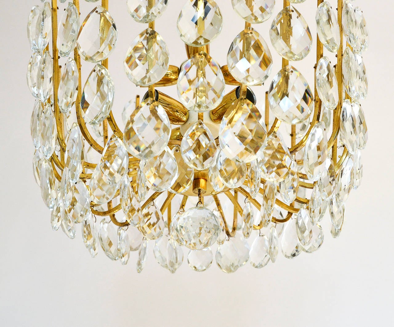 Lacquered Basket Chandelier Pedant Light, Brass and Crystal Glass, Austria, 1950s
