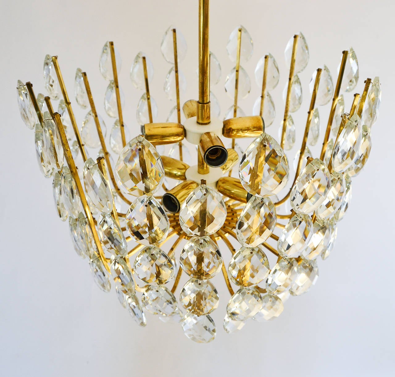Basket Chandelier Pedant Light, Brass and Crystal Glass, Austria, 1950s In Good Condition In Hausmannstätten, AT