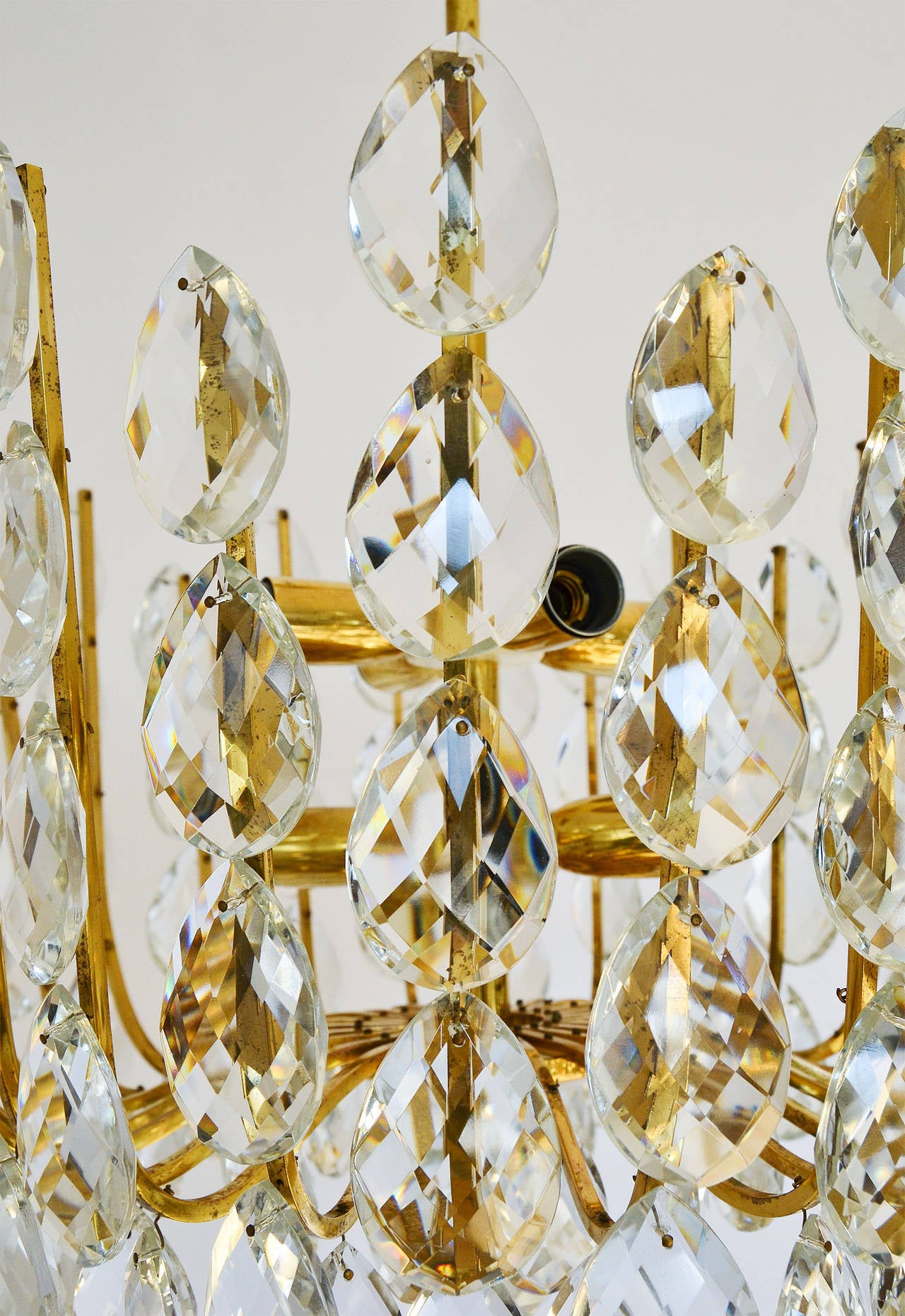 Mid-20th Century Basket Chandelier Pedant Light, Brass and Crystal Glass, Austria, 1950s